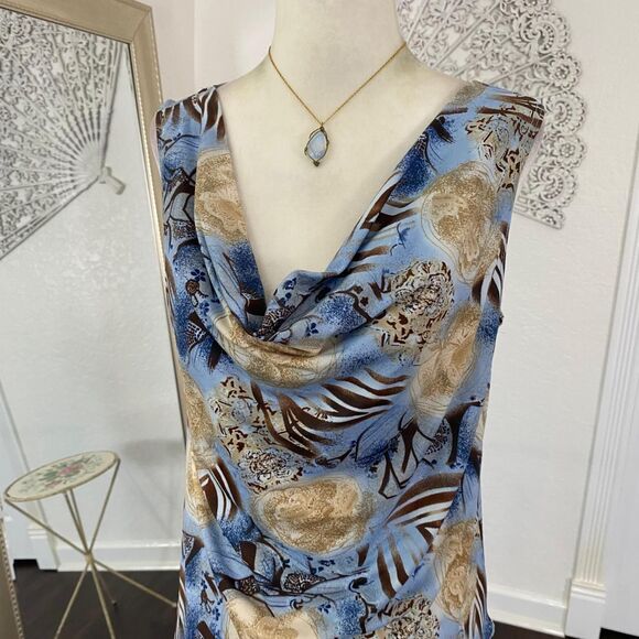 Early 2000’s Fairy Grunge Blue Tan Cowl Neck Flowy Vintage Made in USA Top XXL - Picture 2 of 8